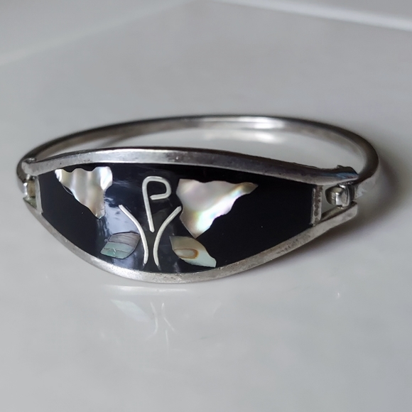 Mexico Alpaca Black Silver Mother of Pearl Abalone Bracelet 6.5 Small +Gift Bag - Picture 1 of 6